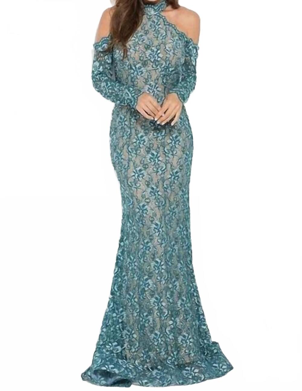 NEW JOVANI long sleeve cold-shoulder lace evening gown in teal